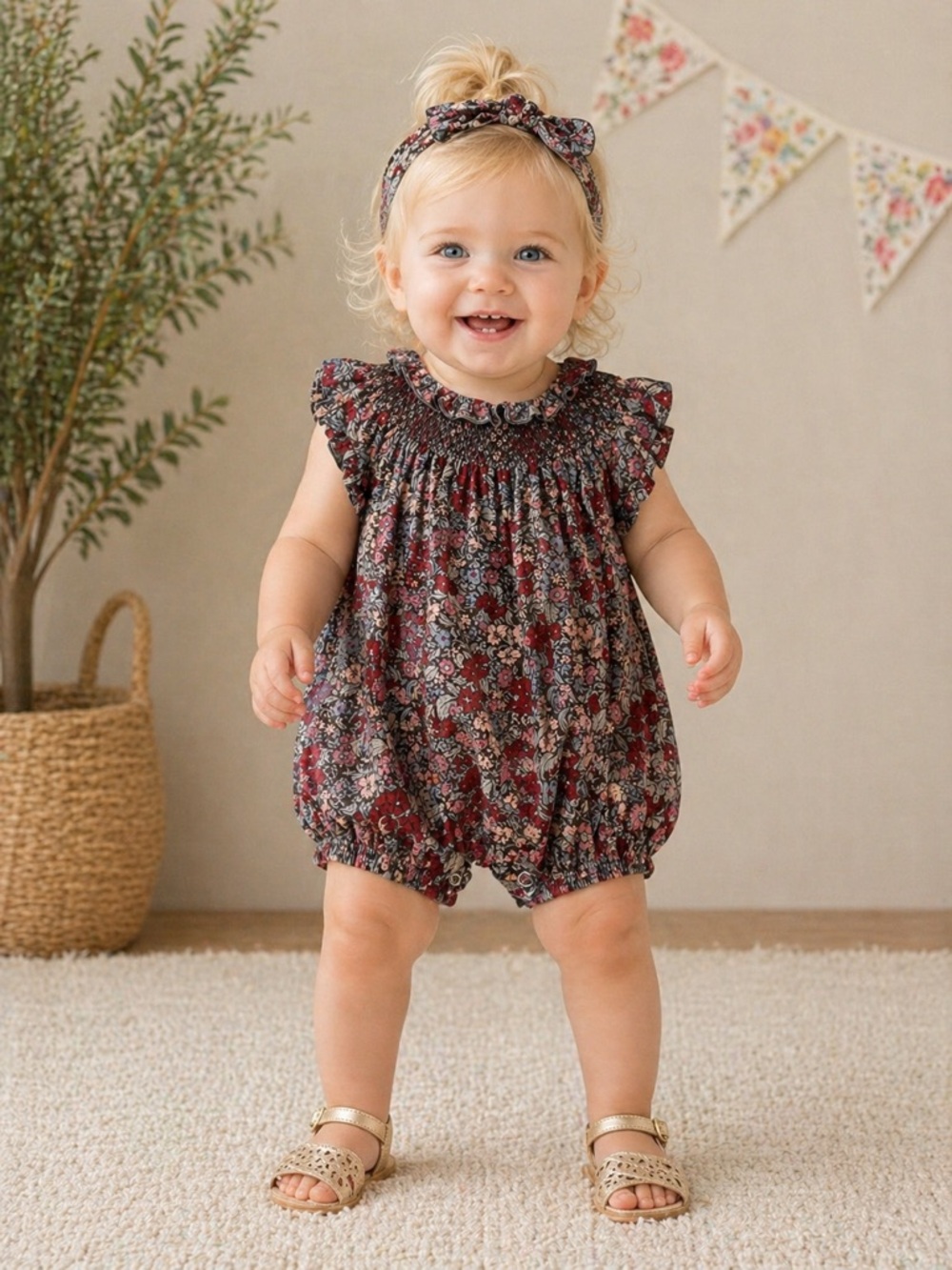 Noralee Floral Smocked Bubble Romper Baby Girl Boutique Outfit | Size 6M